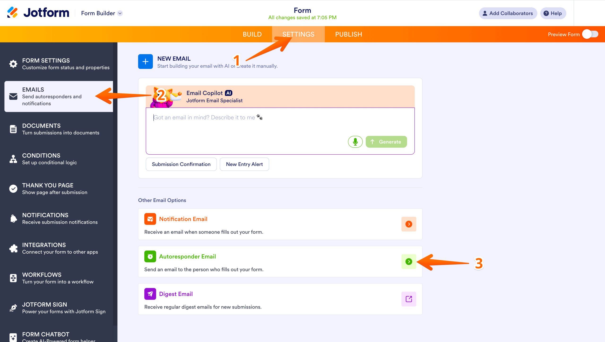 Jotform Form Builder under the Settings tab with the Emails section selected