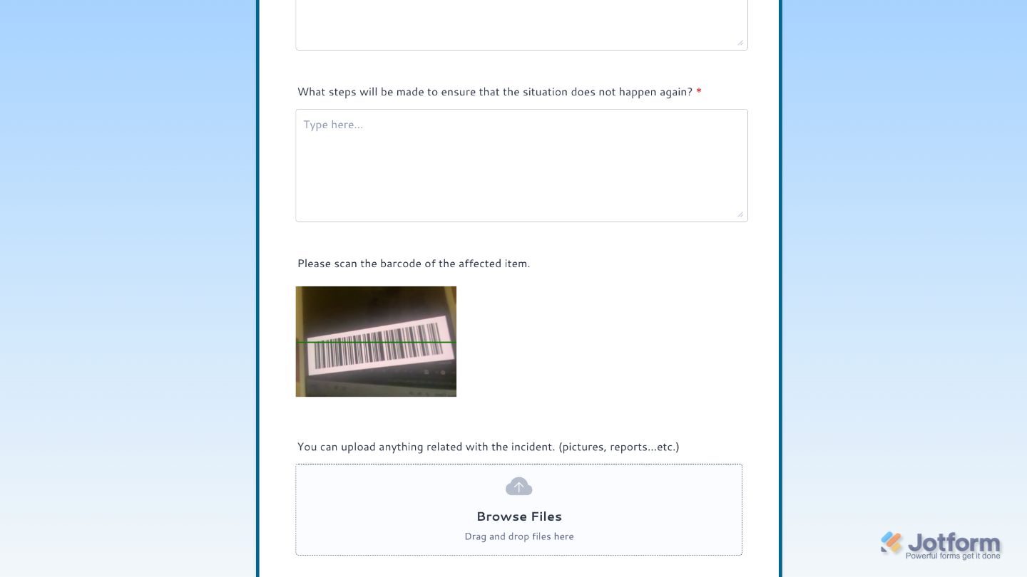 Form with the Barcode Scanner widget set up, enabling quick and easy barcode scanning for on-the-go data collection