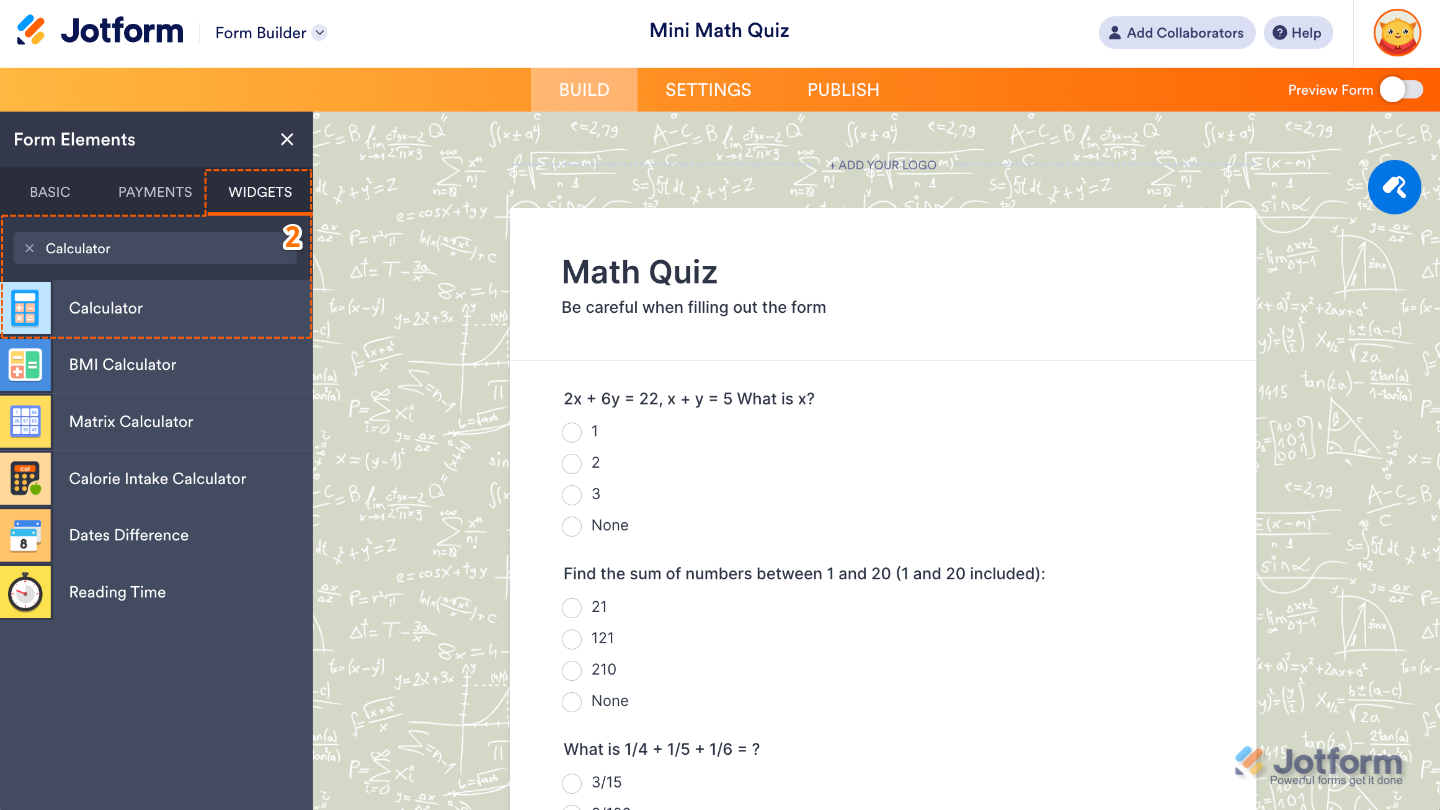 Form Elements menu under Widgets tab showing Calculator widget being searched and selected