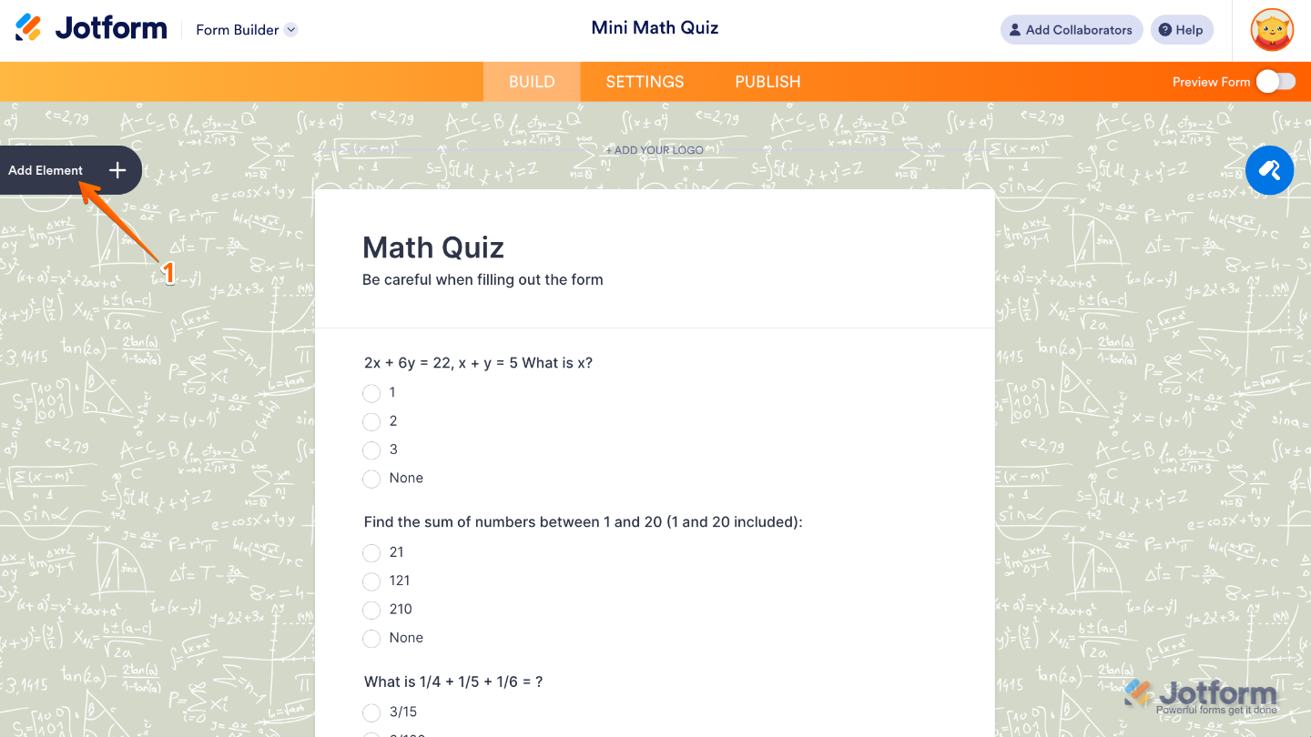 Form Builder interface showing the Add Element button on the left sidebar