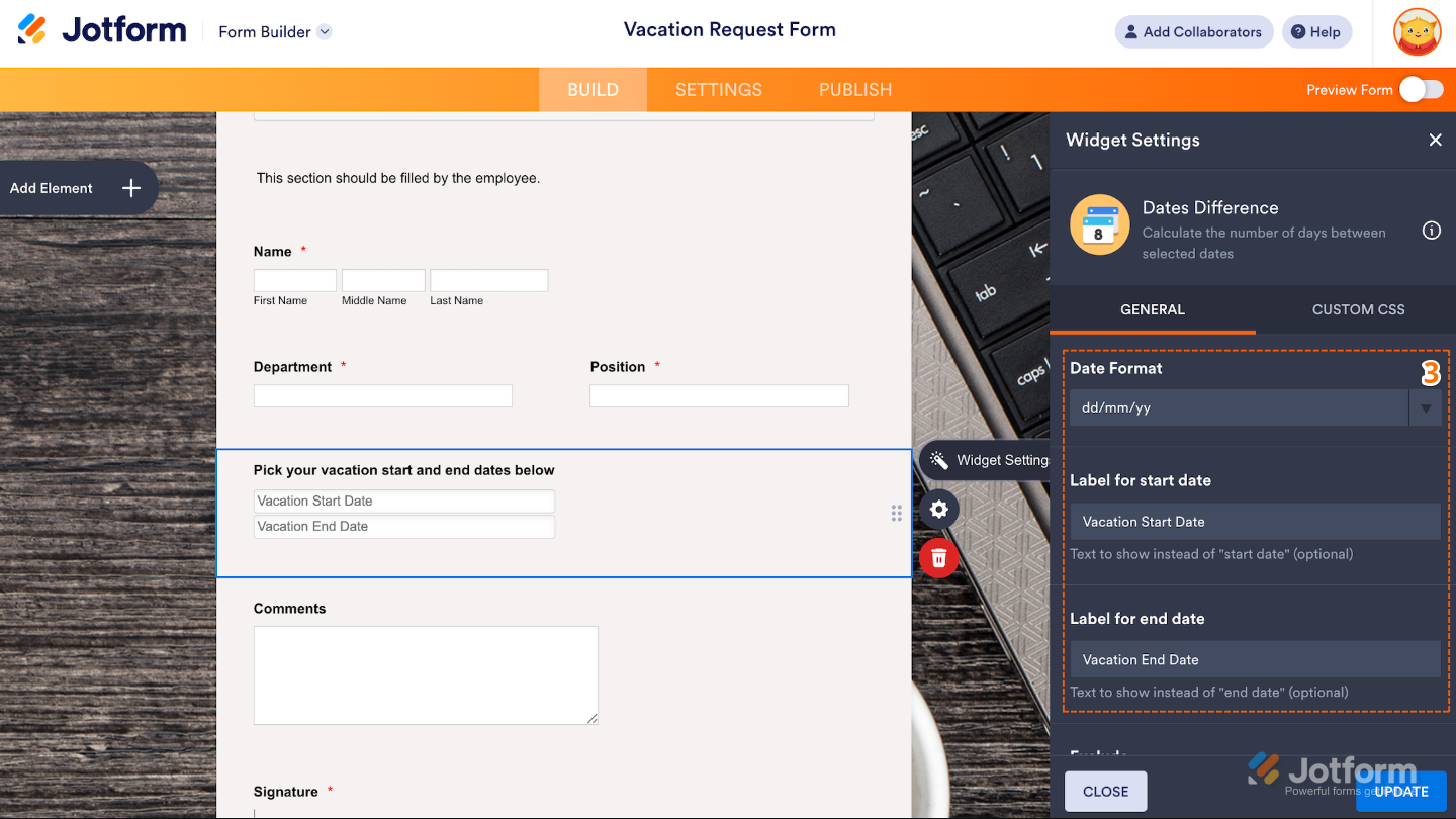Widget Settings panel showing Date Format and start and end date label options for the Dates Difference widget