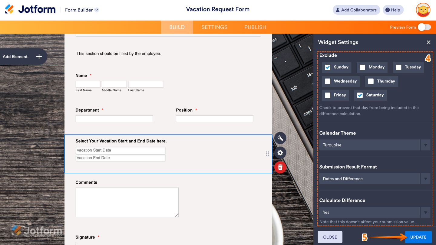 Dates Difference widget settings showing excluded days, calendar theme selection, submission result format, and calculate difference option