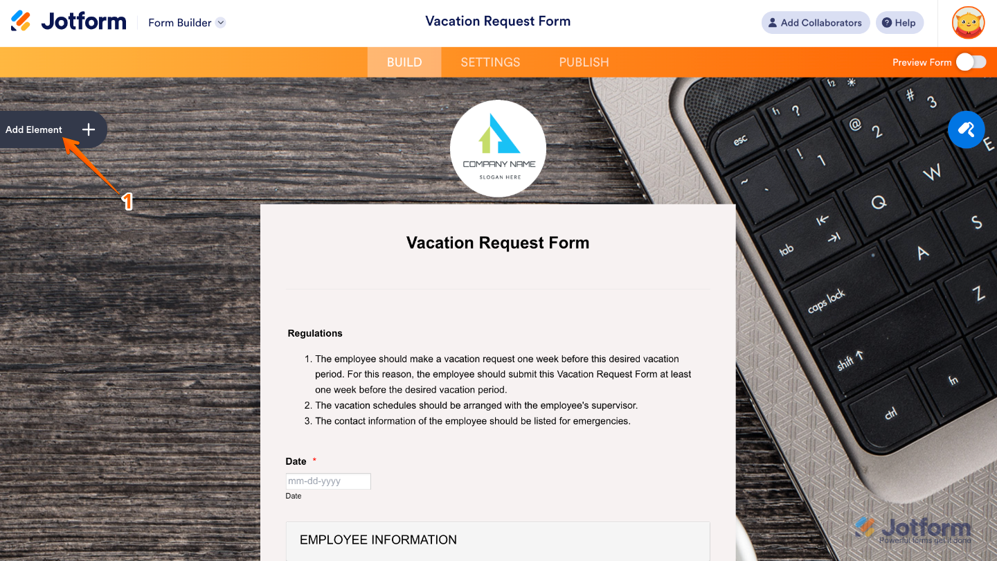 Form Builder interface showing the Add Element button on the left sidebar for adding new form fields