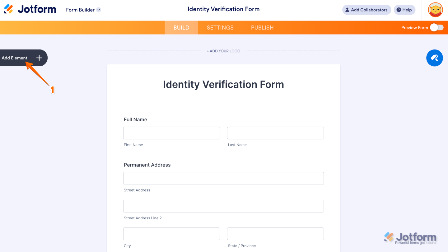Form Builder interface showing the Add Element button on the left side of the page