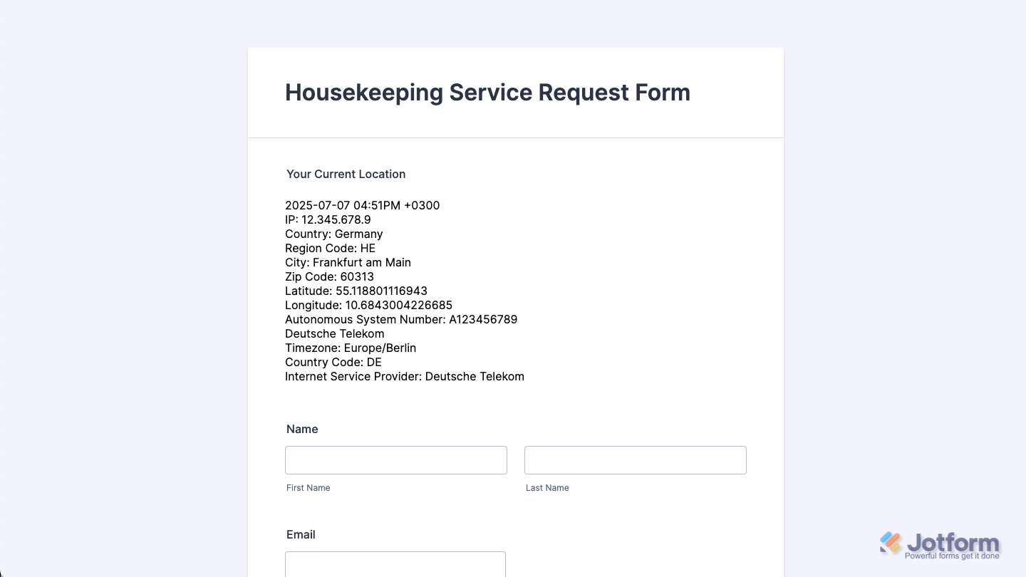 Form with the Get Visitor Location widget set up, allowing location data to be captured automatically from the respondent’s IP address
