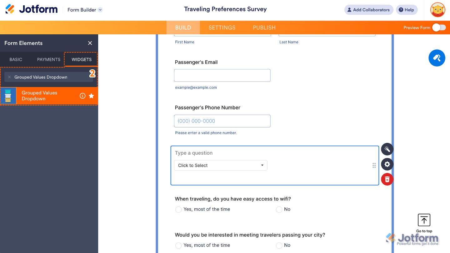 Form Elements menu with the Widgets tab open and the Grouped Values Dropdown widget selected
