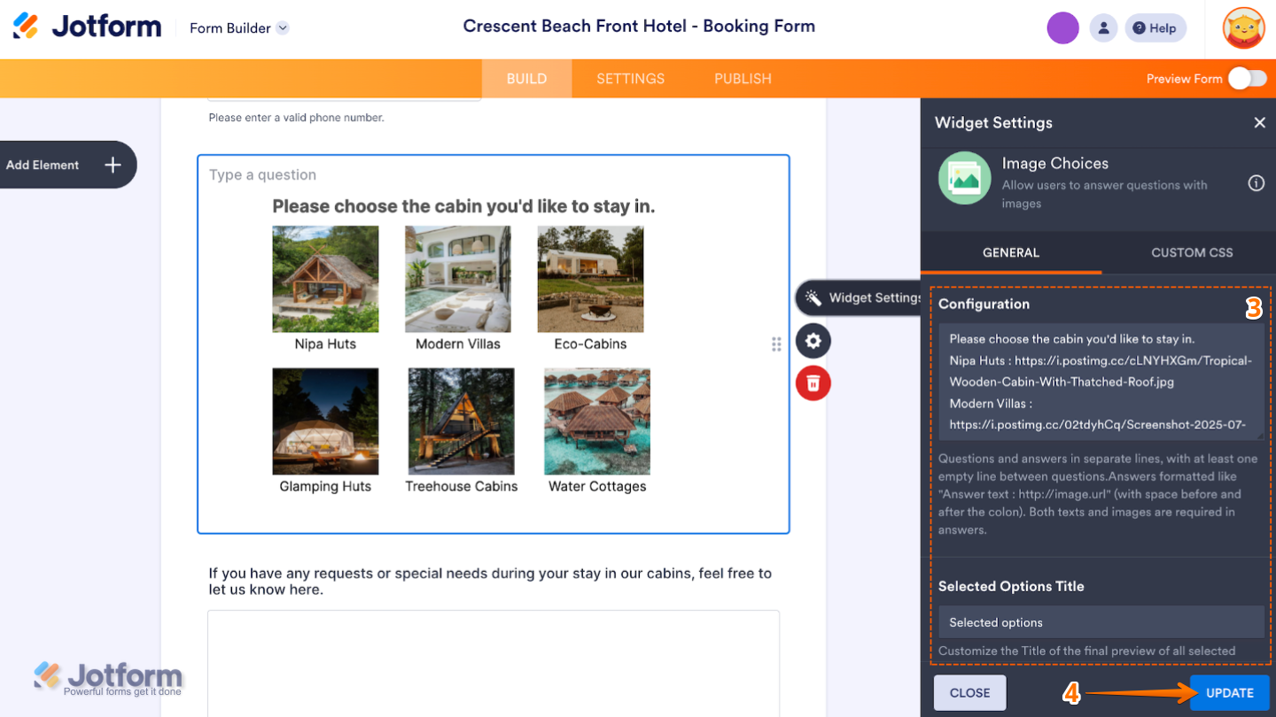 Widget Settings panel for Image Choices with each option linked to an image and customizable selected options label