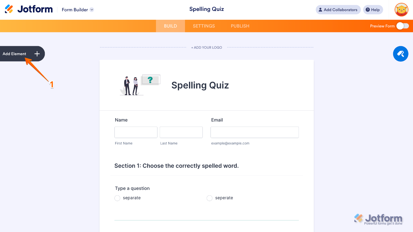 Form Builder interface showing the Add Element button on the left panel