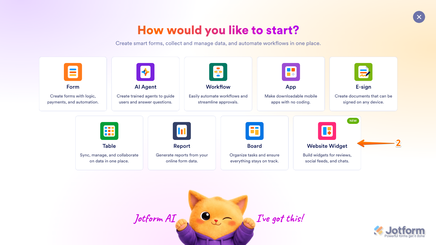 Create menu displaying the Website Widget option ready to be selected