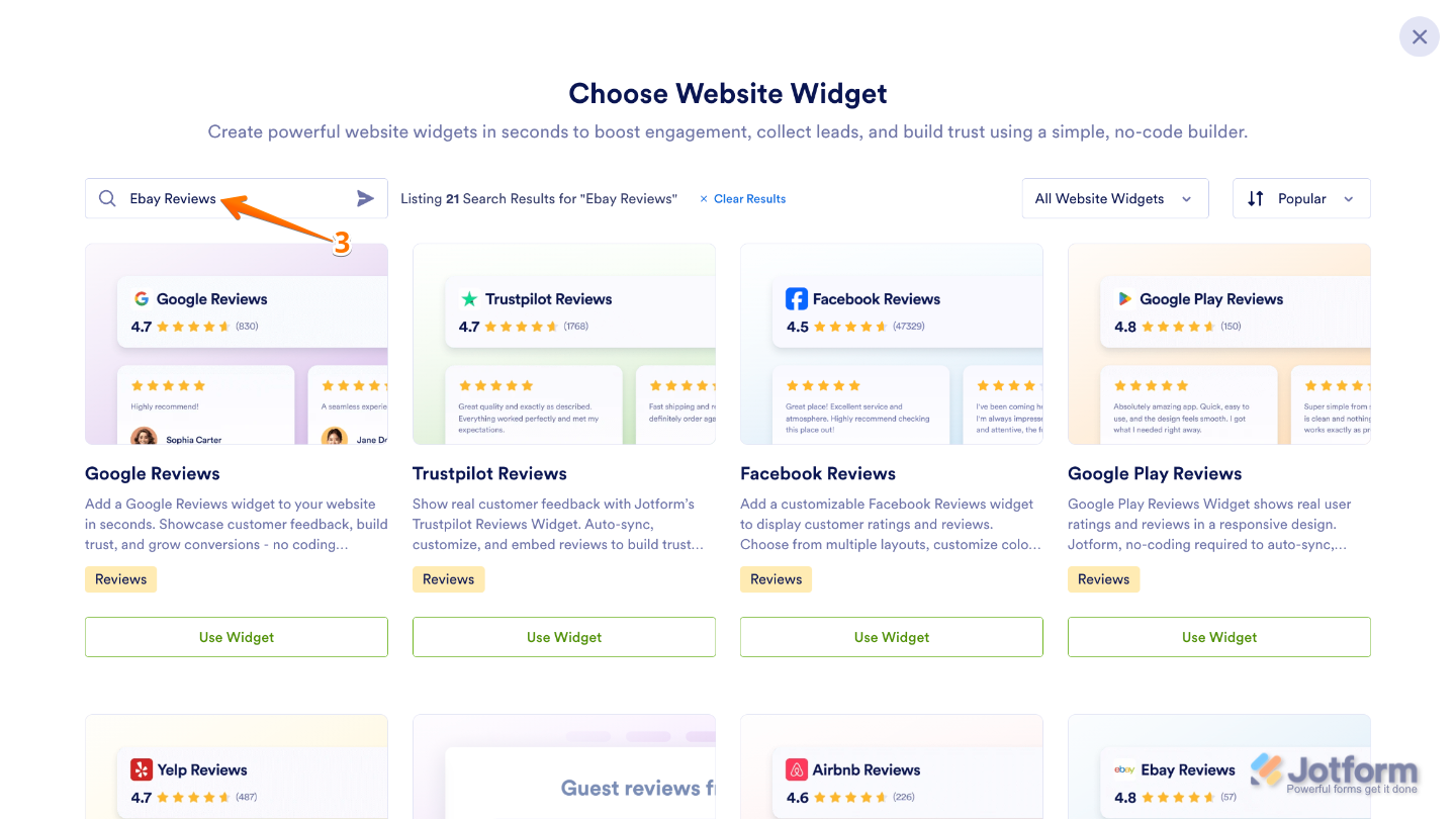 Choose Website Widget page showing eBay Reviews entered in the search bar