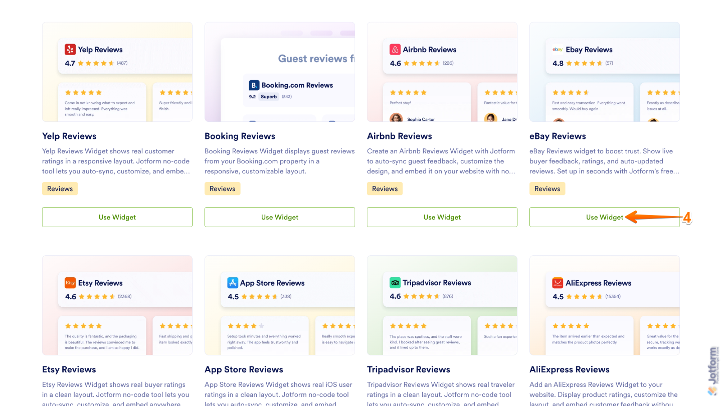 Choose Website Widget page displaying the eBay Reviews widget in the search results with the Use Widget button