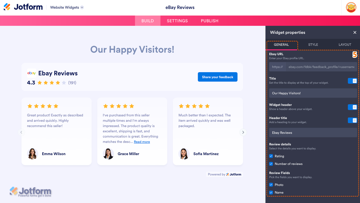 Configuring the eBay Reviews widget by adding an eBay profile URL, customizing the header, and choosing which review details to display