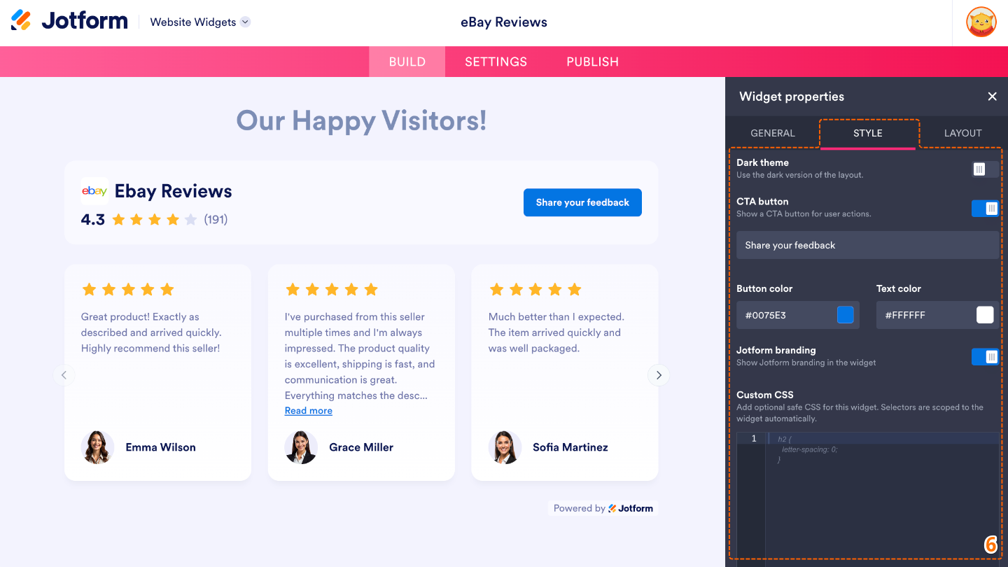 Customizing the eBay Reviews widget by enabling a dark theme, configuring the call-to-action button, adjusting colors, and applying custom CSS