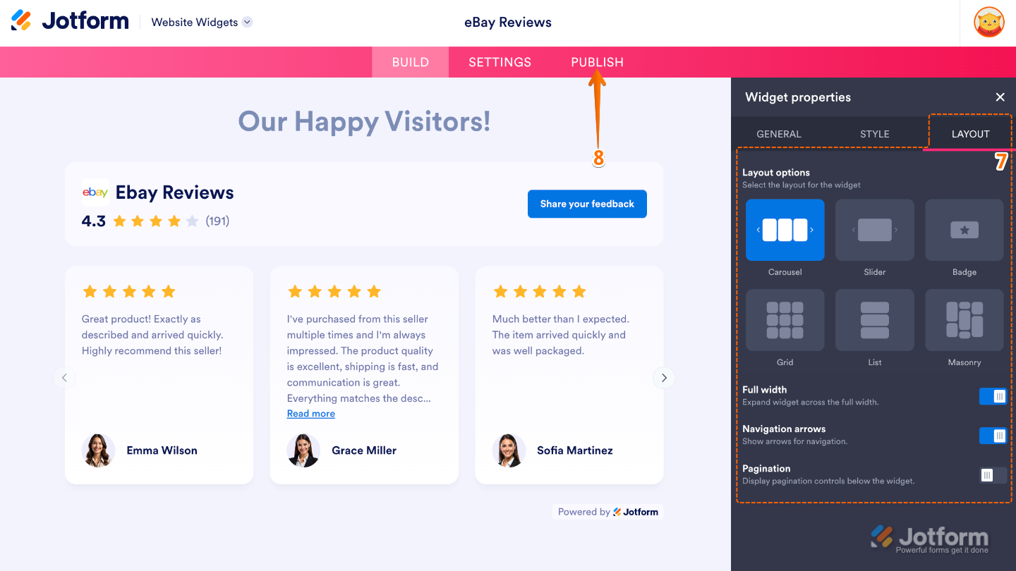 Configuring the eBay Reviews widget by adjusting the review layout, enabling navigation controls, and clicking Publish to save the changes