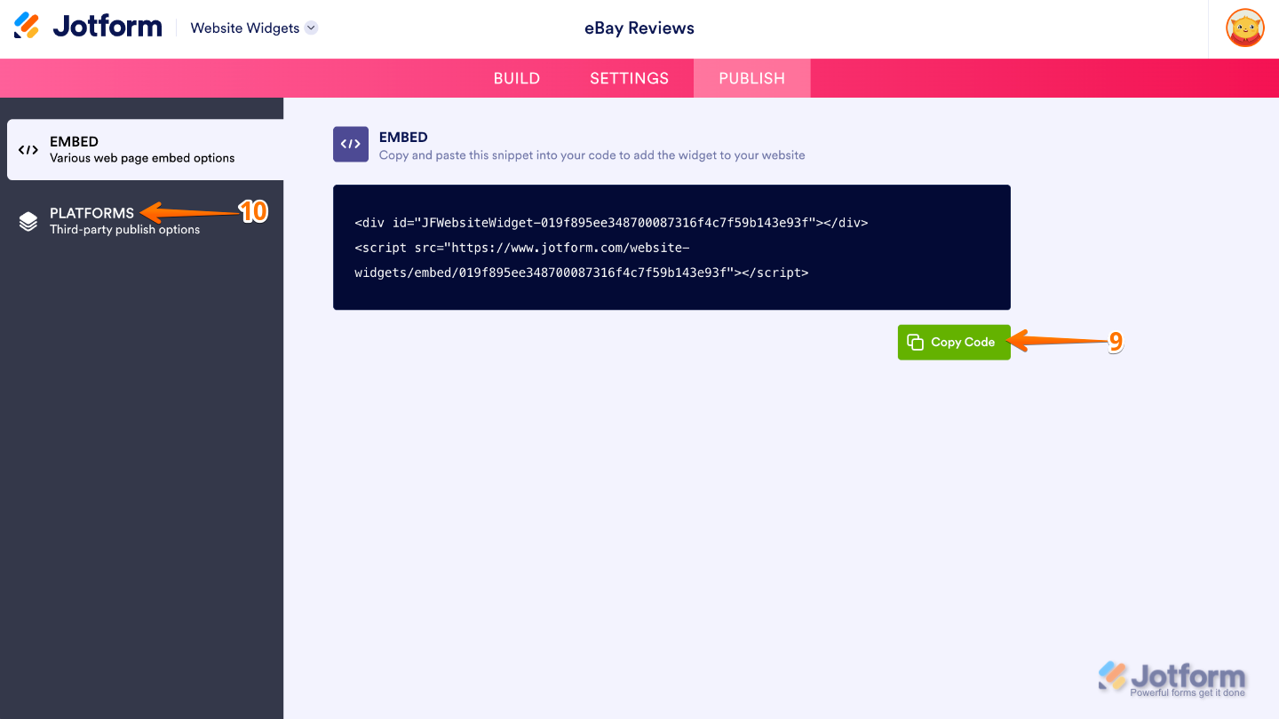 Copying the eBay Reviews widget embed code or selecting Platforms to view platform-specific embedding instructions