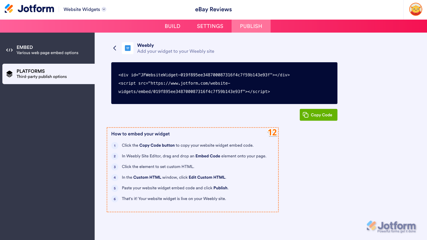 Following the How to Embed Your Widget instructions to embed the eBay Reviews widget on a supported website platform