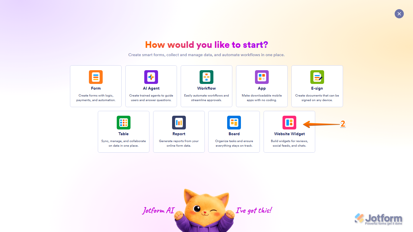Create menu displaying the Website Widget option ready to be selected