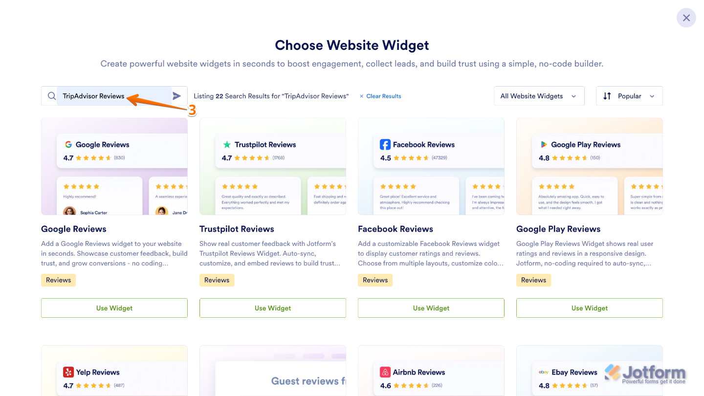 Choose Website Widget page showing TripAdvisor Reviews entered in the search bar