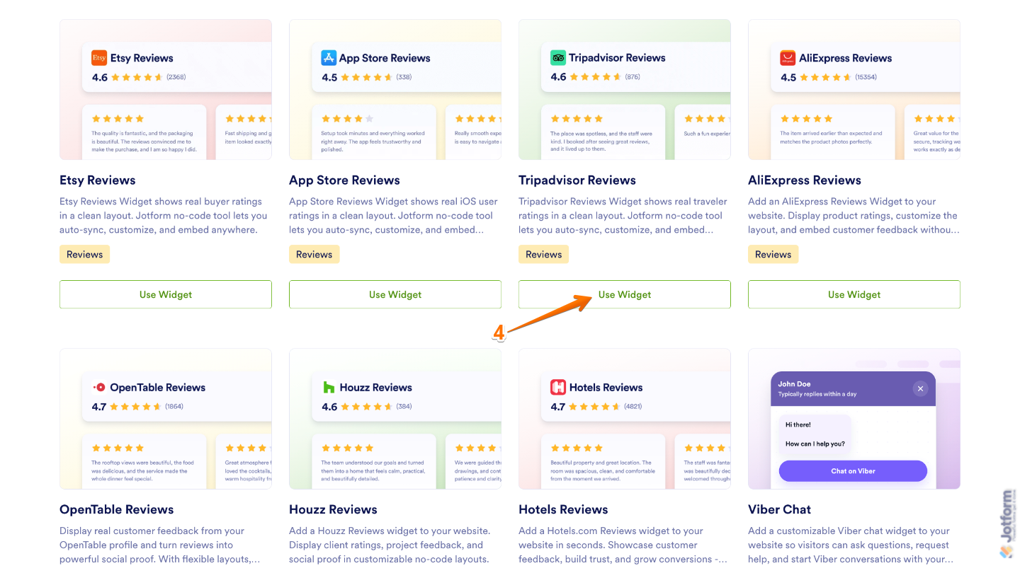 Choose Website Widget page displaying the TripAdvisor Reviews widget in the search results with the Use Widget button