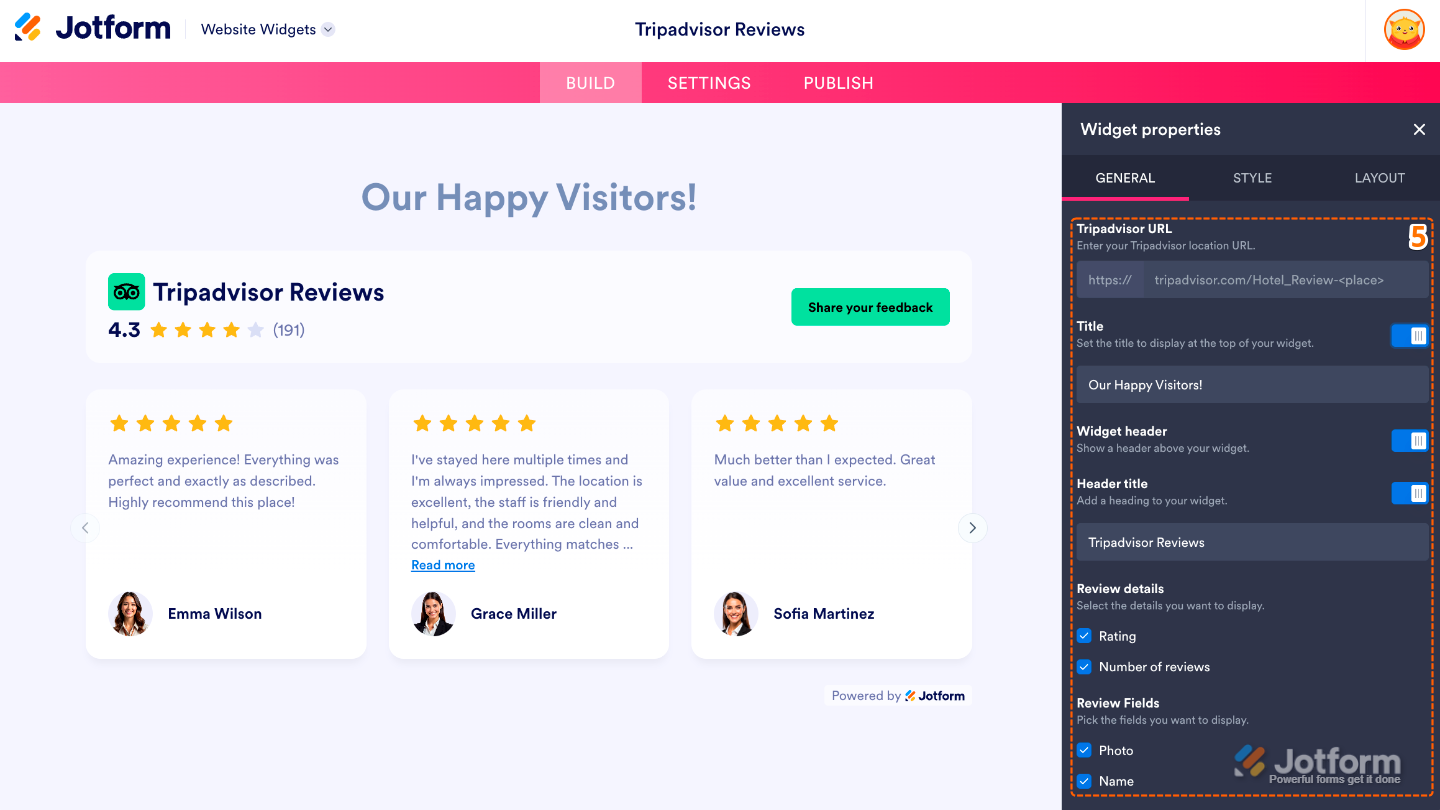 Configuring the TripAdvisor Reviews widget by adding a TripAdvisor listing URL, customizing the header, and choosing which review details to display