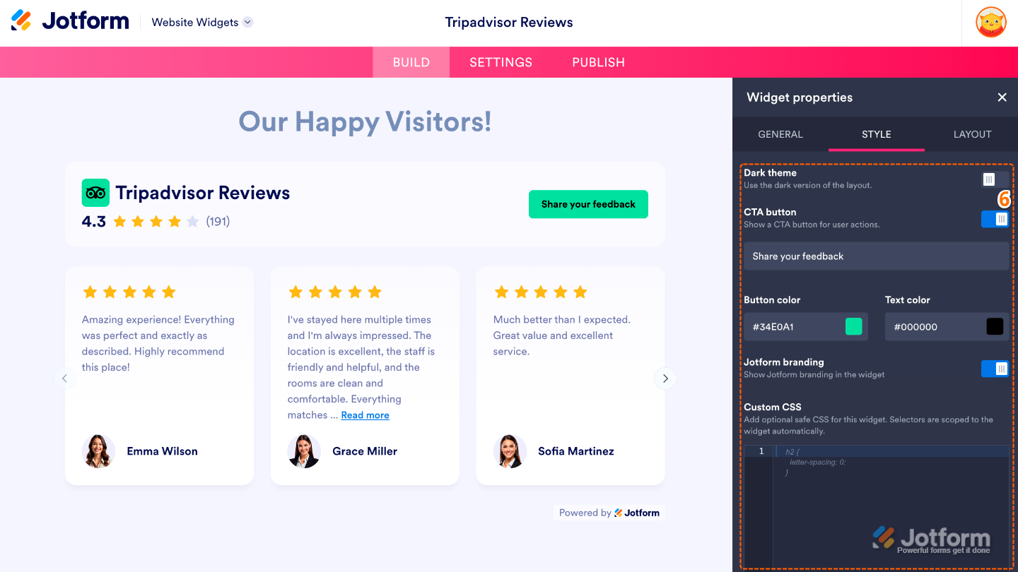 Customizing the TripAdvisor Reviews widget by enabling a dark theme, configuring the call-to-action button, adjusting colors, and applying custom CSS