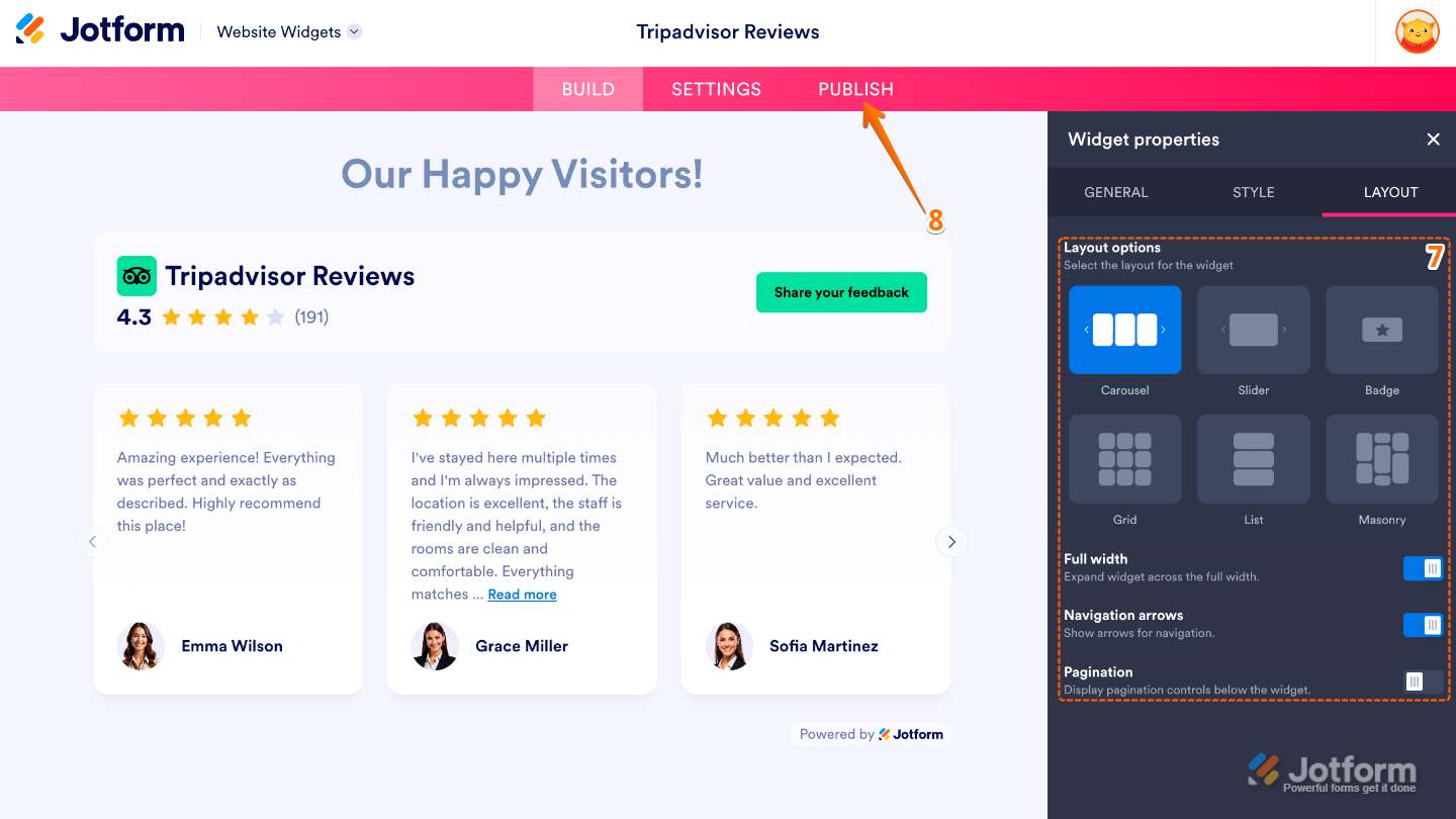 Configuring the TripAdvisor Reviews widget by adjusting the review layout, enabling navigation controls, and clicking Publish to save the changes