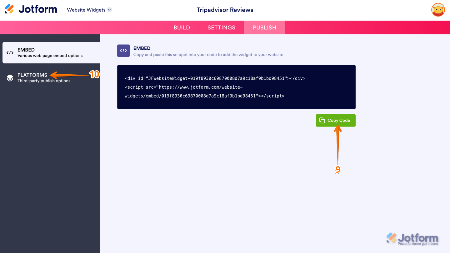 Copying the TripAdvisor Reviews widget embed code or selecting Platforms to view platform-specific embedding instructions