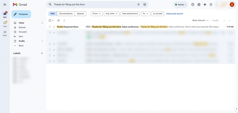 Gmail interface showing an email with the subject line, "Thanks for filling out this form"