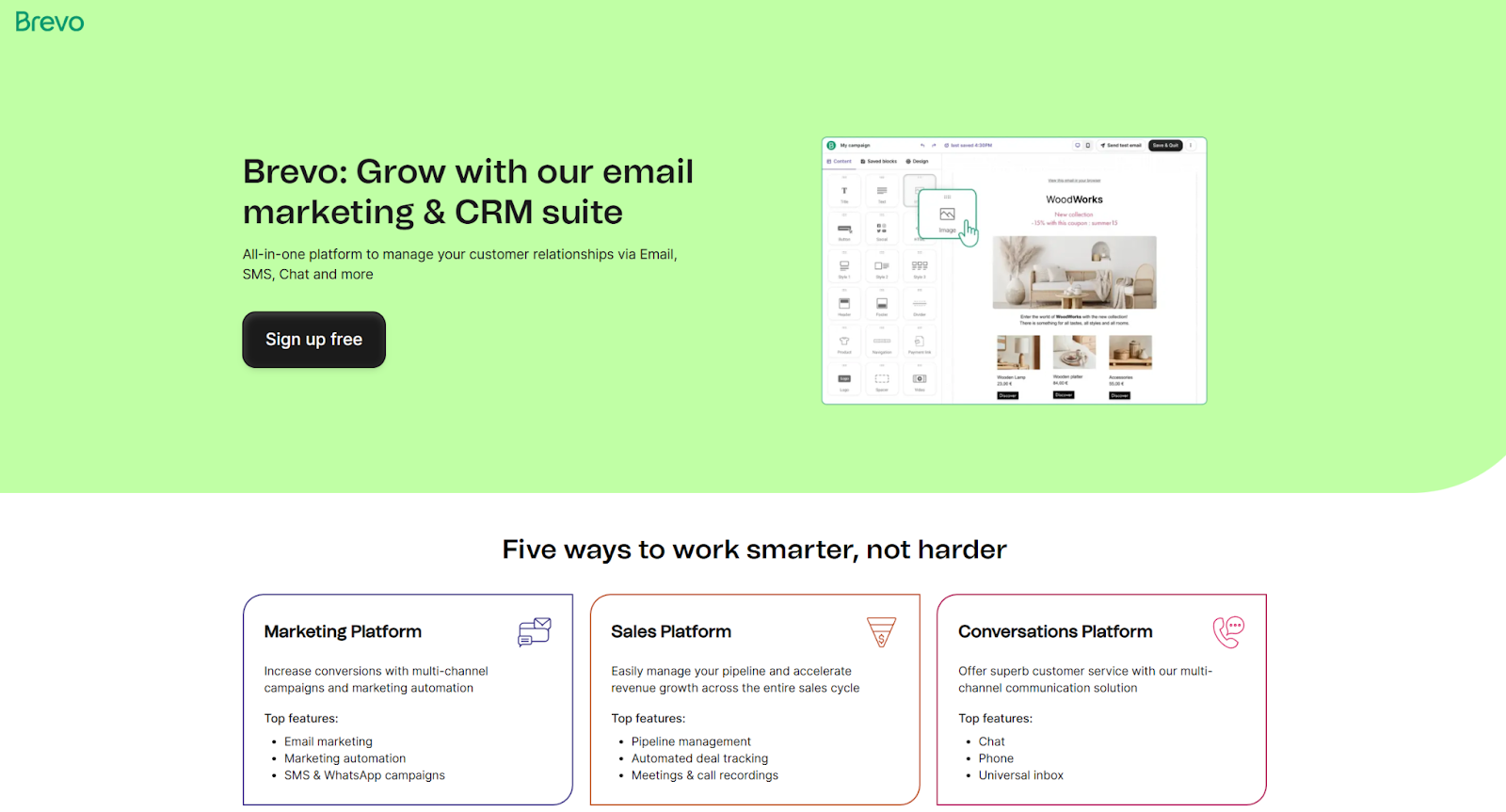 Screenshot of Brevo landing page, showing a headline "Brevo: Grow with our email marketing & CRM suite"