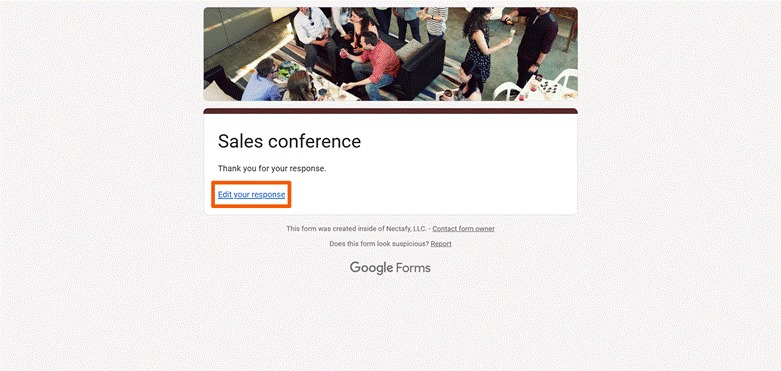 Google Forms interface showing the "Edit your response" link on the post-submission confirmation page