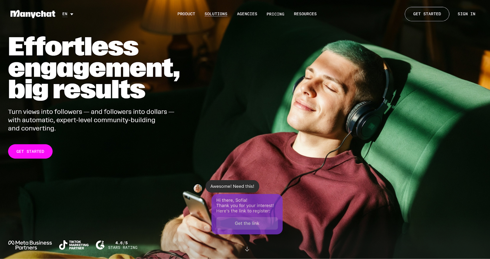 Screenshot of Manychat's landing page, showing a headline "Effortless engagement, big results"