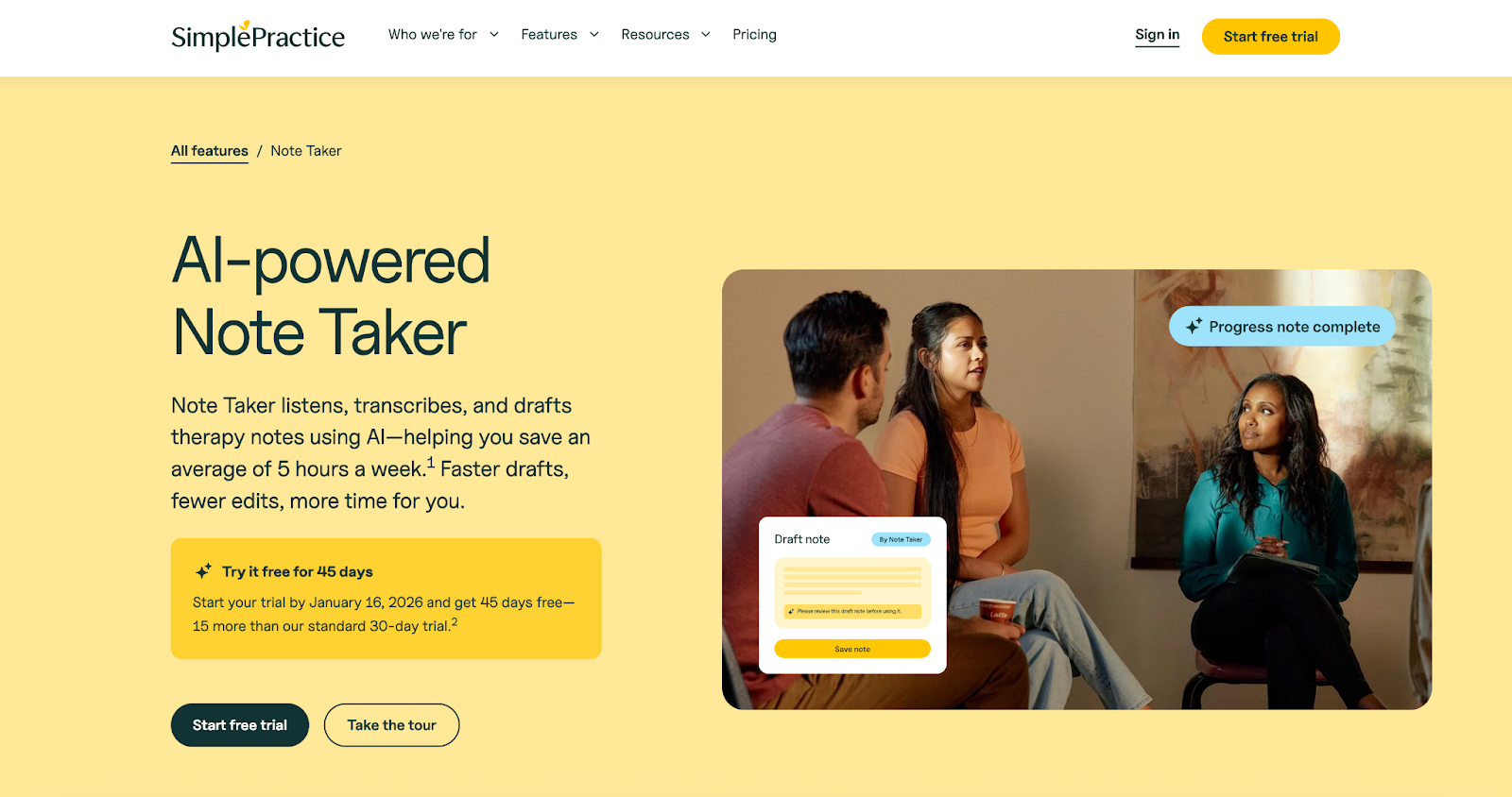 Screenshot of SimplePractice landing page, showing a headline "AI-powered Note Taker"