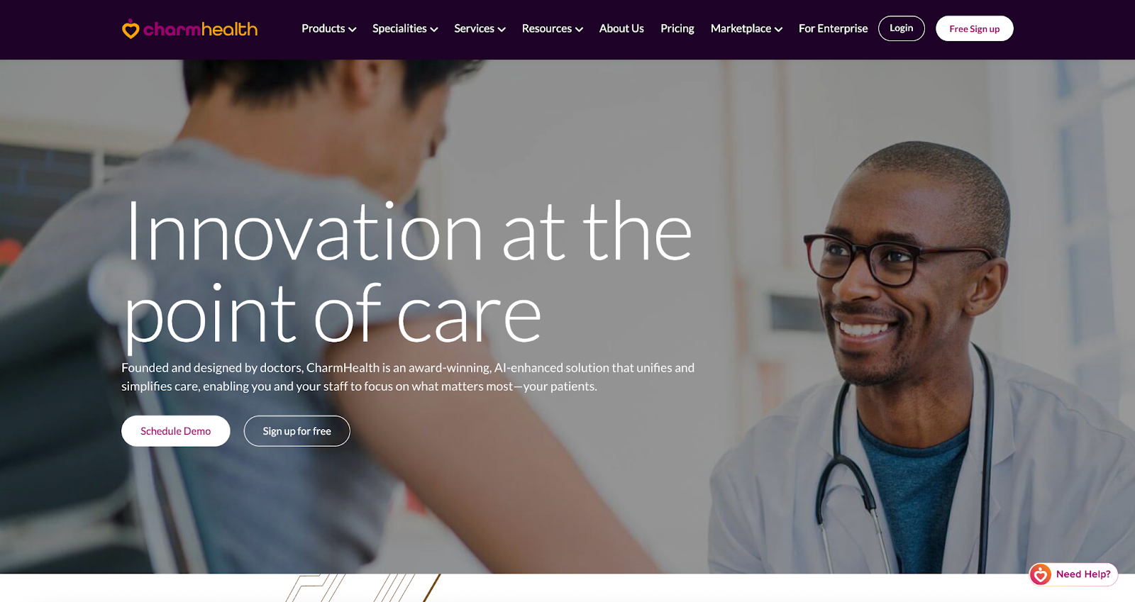 Screenshot of CharmHealth landing page, showing a headline "Innovation at the point of care"