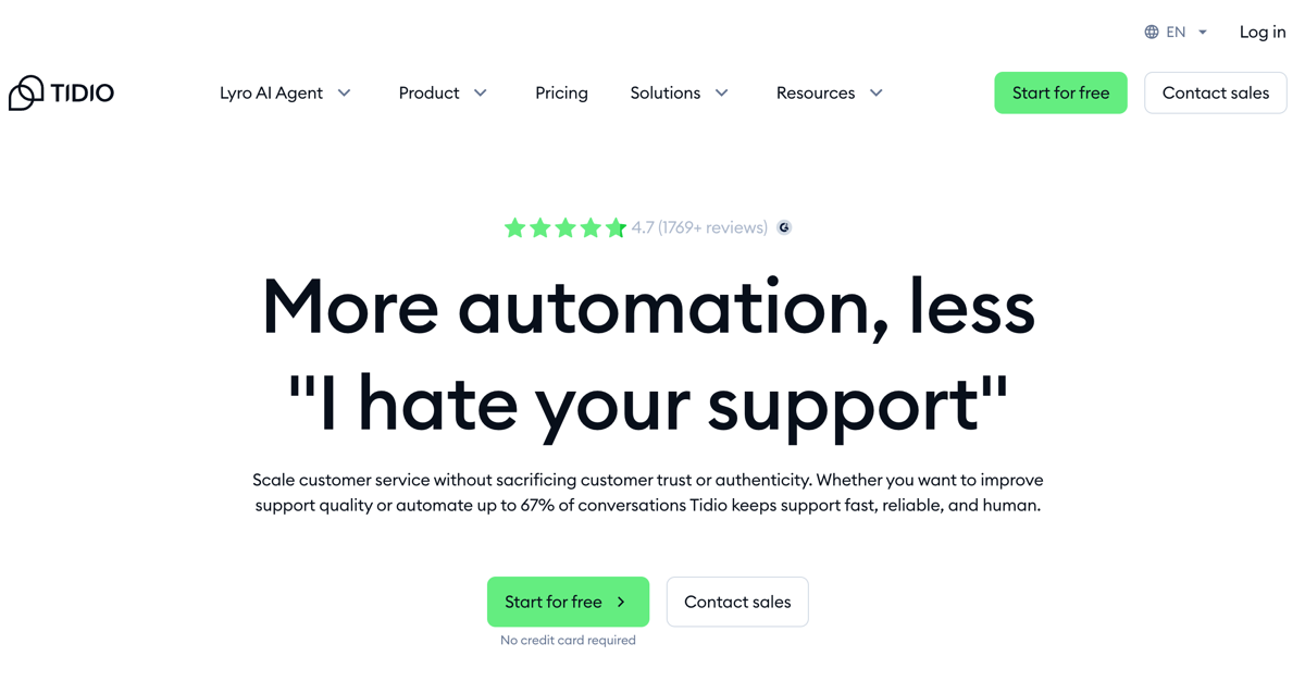 Tidio website with the words: "More automation, less 'I hate your support'"