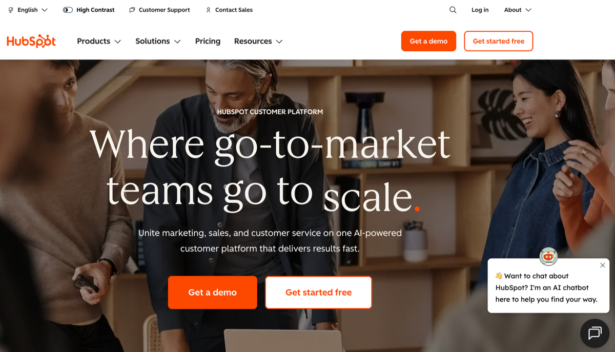 HubSpot website with the words: "Where go-to-market teams go to scale"