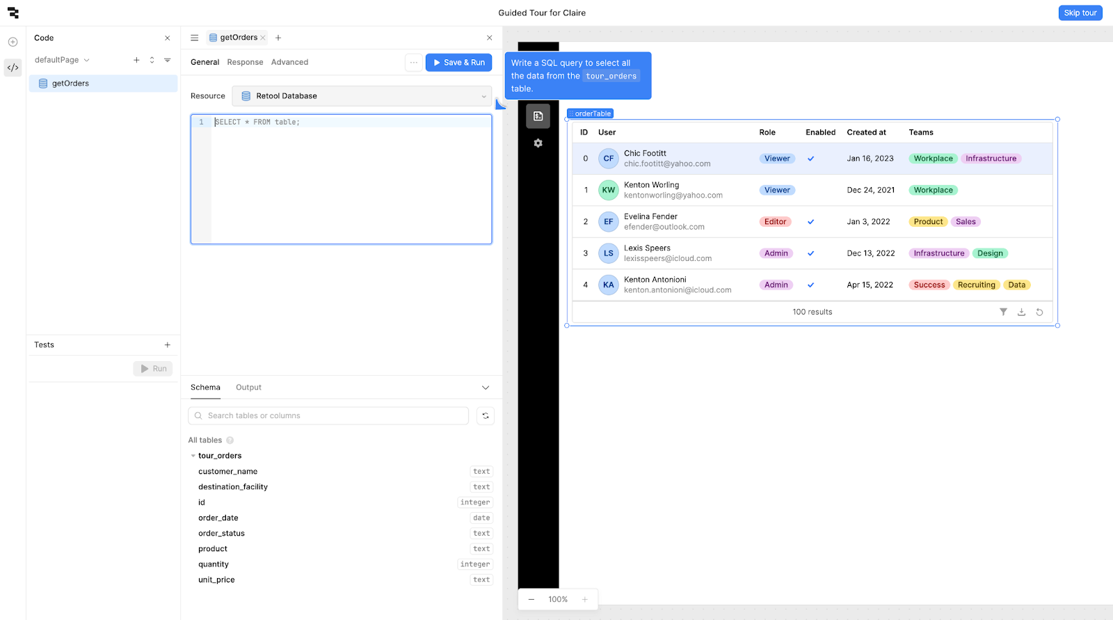 Screenshot of an app called Guided Tour for Claire being built with Retool