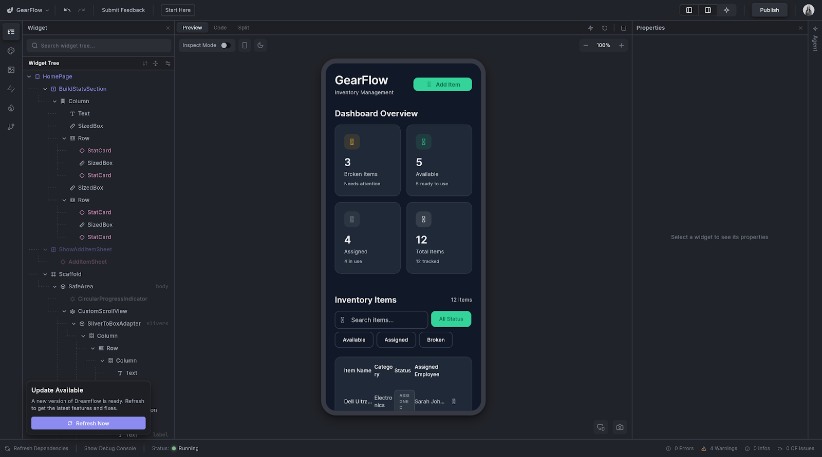 Screenshot featuring a preview, or "Inspect Mode," of an app called GearFlow that's being built with FlutterFlow