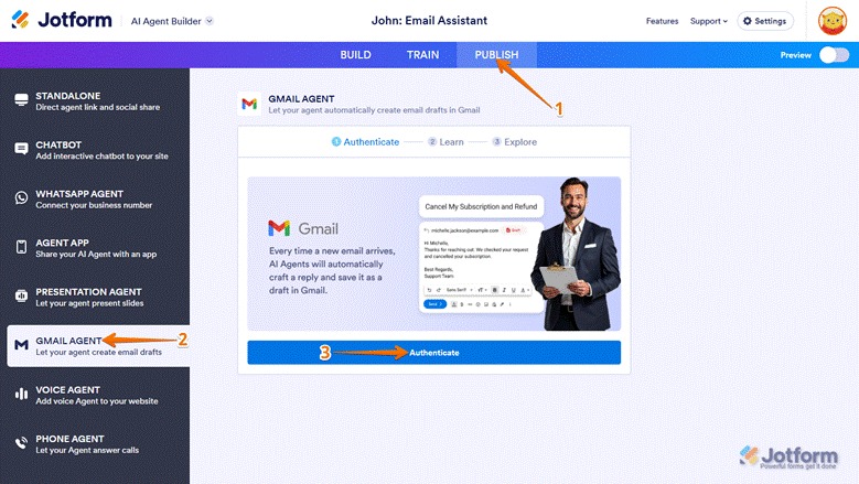 Jotform AI Agent Publish tab showing the Gmail Agent option selected in the left menu and an “Authenticate” button highlighted to connect a Gmail account
