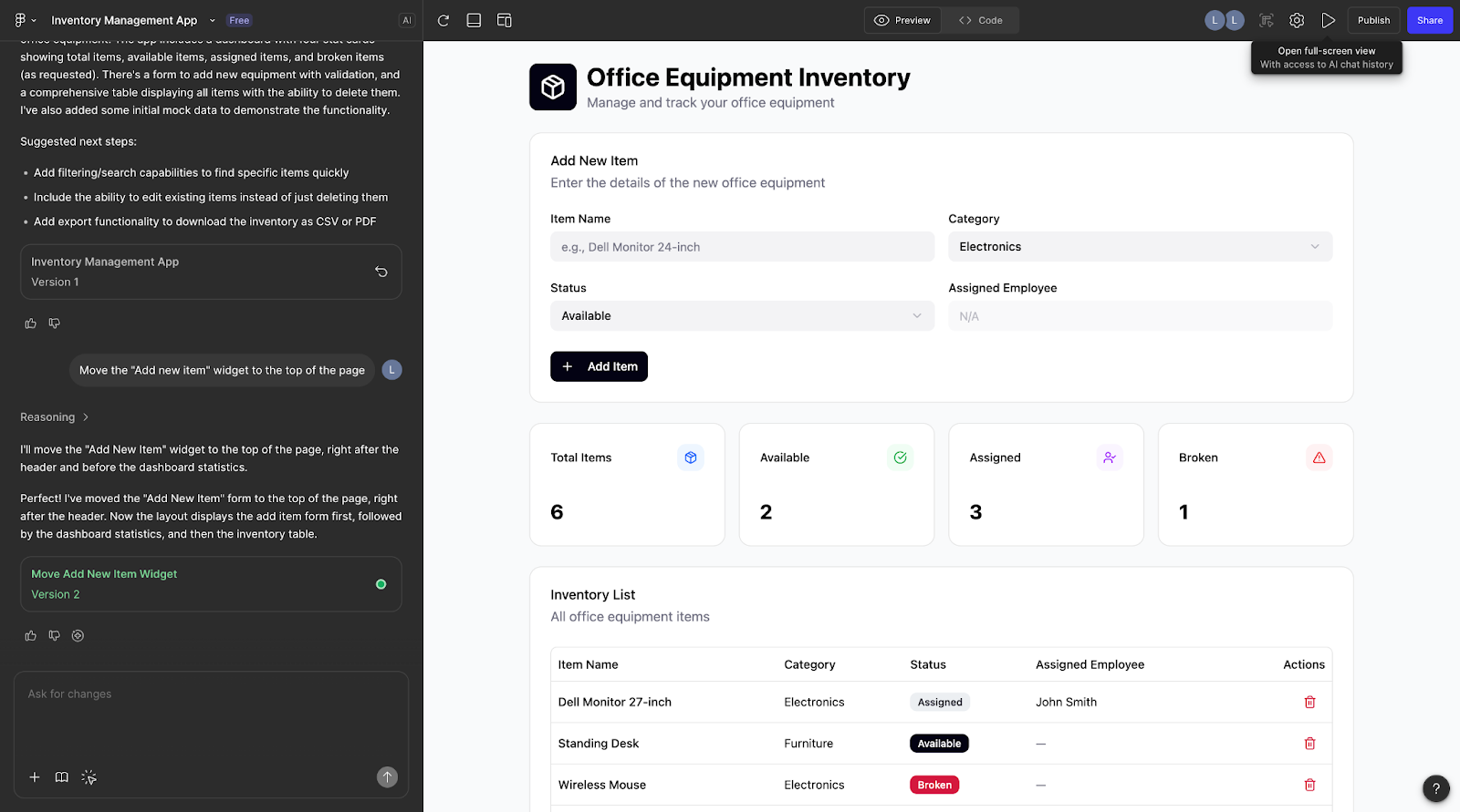Screenshot featuring the Figma Make user interface being used to create an Office Equipment Inventory app