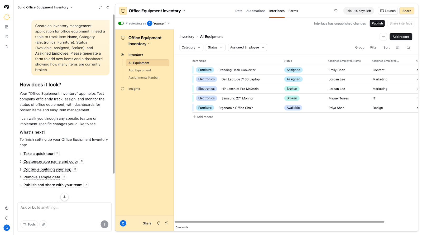 Screenshot of an Office Equipment Inventory app being built using Airtable, featuring interface options