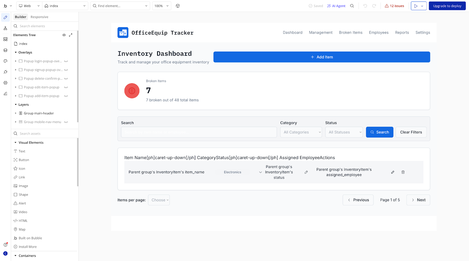 Screenshot of an app called OfficeEquip Tracker created with Bubble, showing the builder interface and inventory dashboard