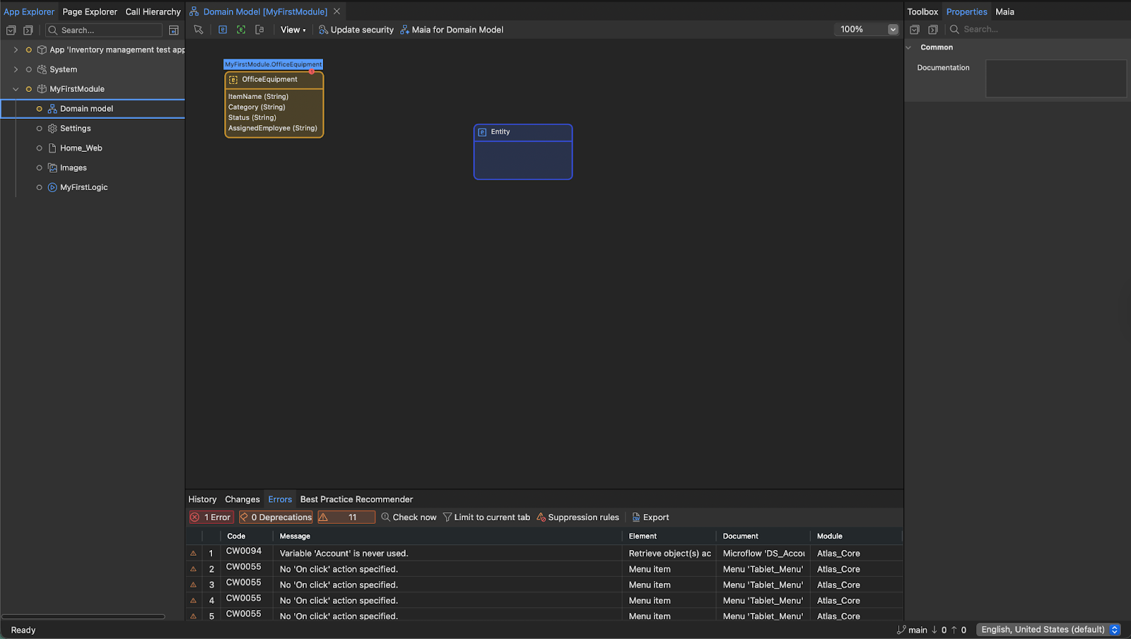 Screenshot featuring the Mendix interface for creating a business app