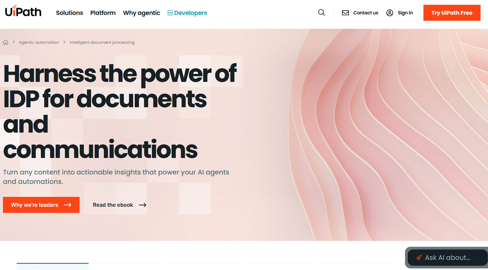 Screenshot of UiPath landing page, showing a headline "Harness the power of IDP for documents and communications"