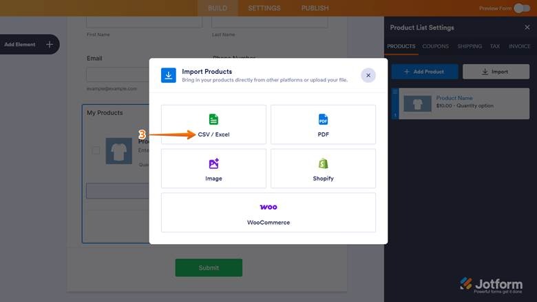 Jotform Product List Import Products Options Menu Screenshot