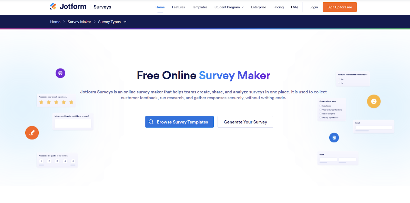 Screenshot of Jotform Free Online Survey Maker landing page