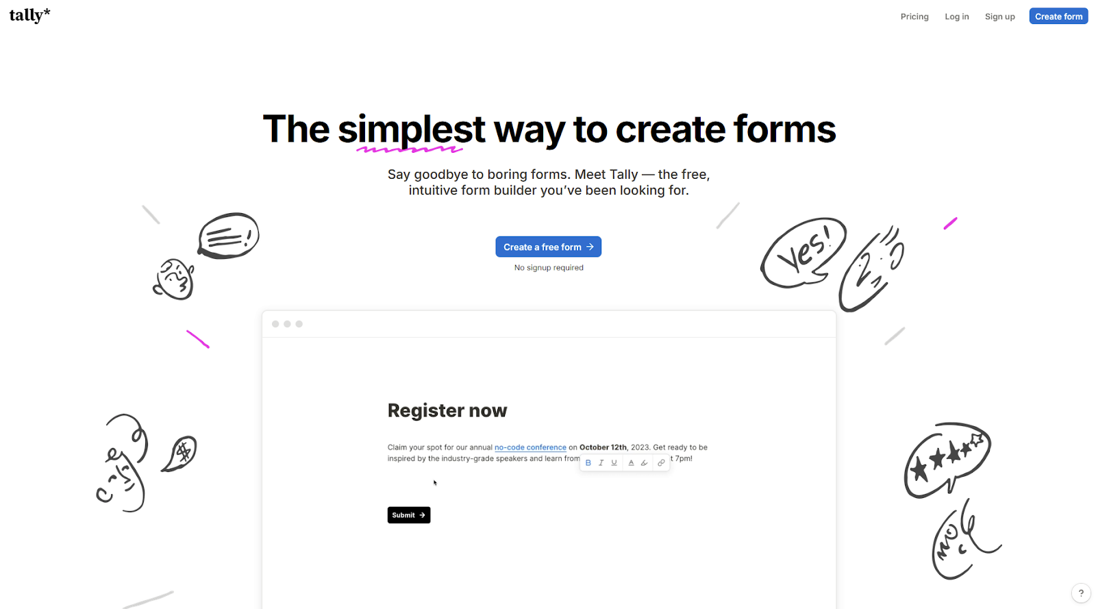 Screenshot of Tally's landing page, showing a headline "The simplest way to create forms"