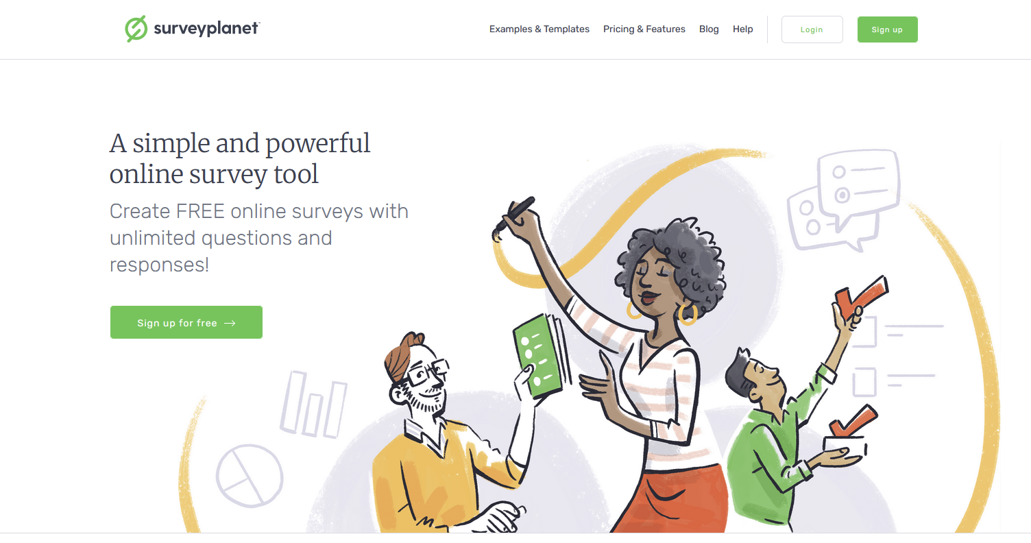 Screenshot of SurveyPlanet's landing page, showing a headline "A simple and powerful online survey tool"