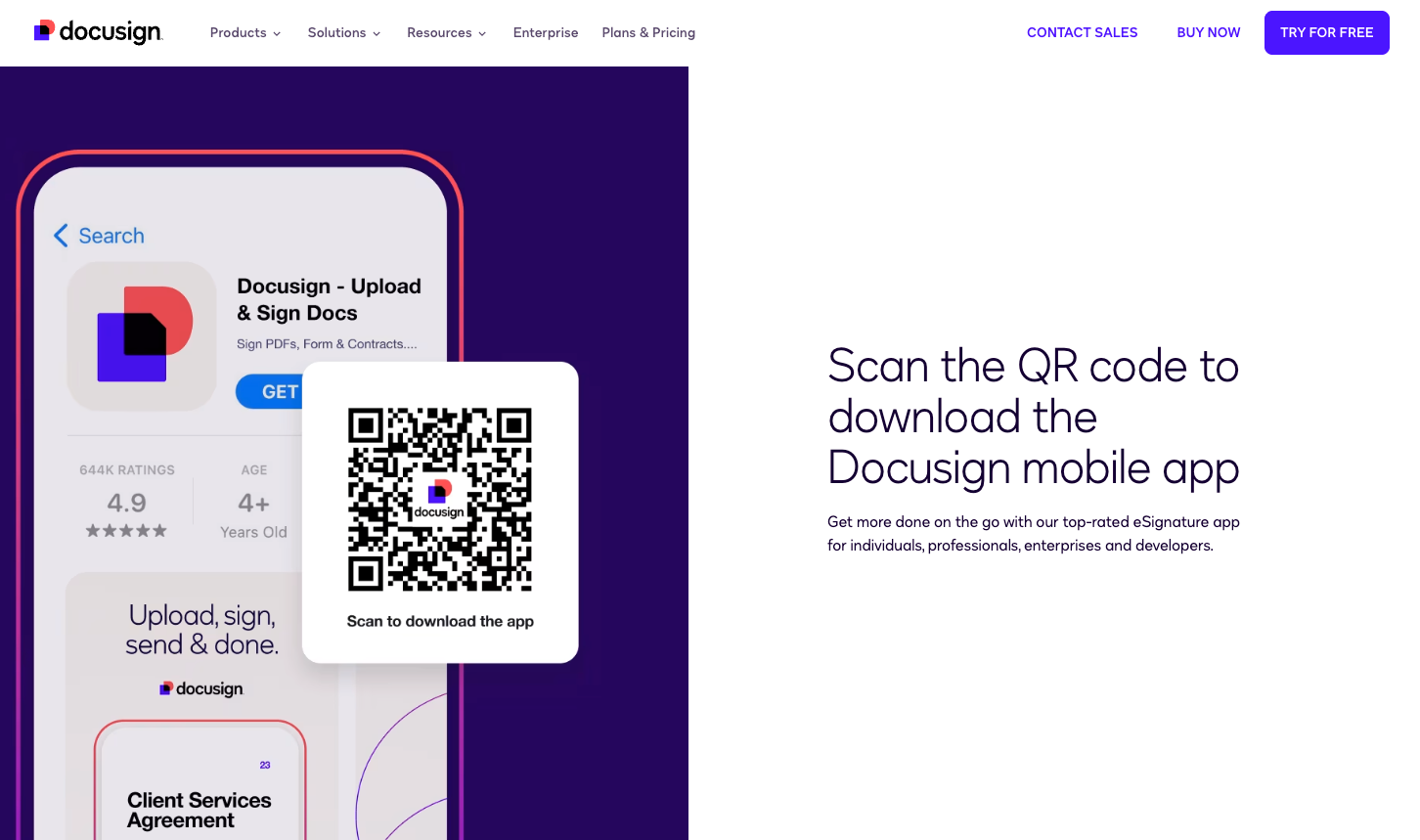 Screenshot of Docusign landing page, showing a headline "Scan the QR code to download the Docusign mobile app