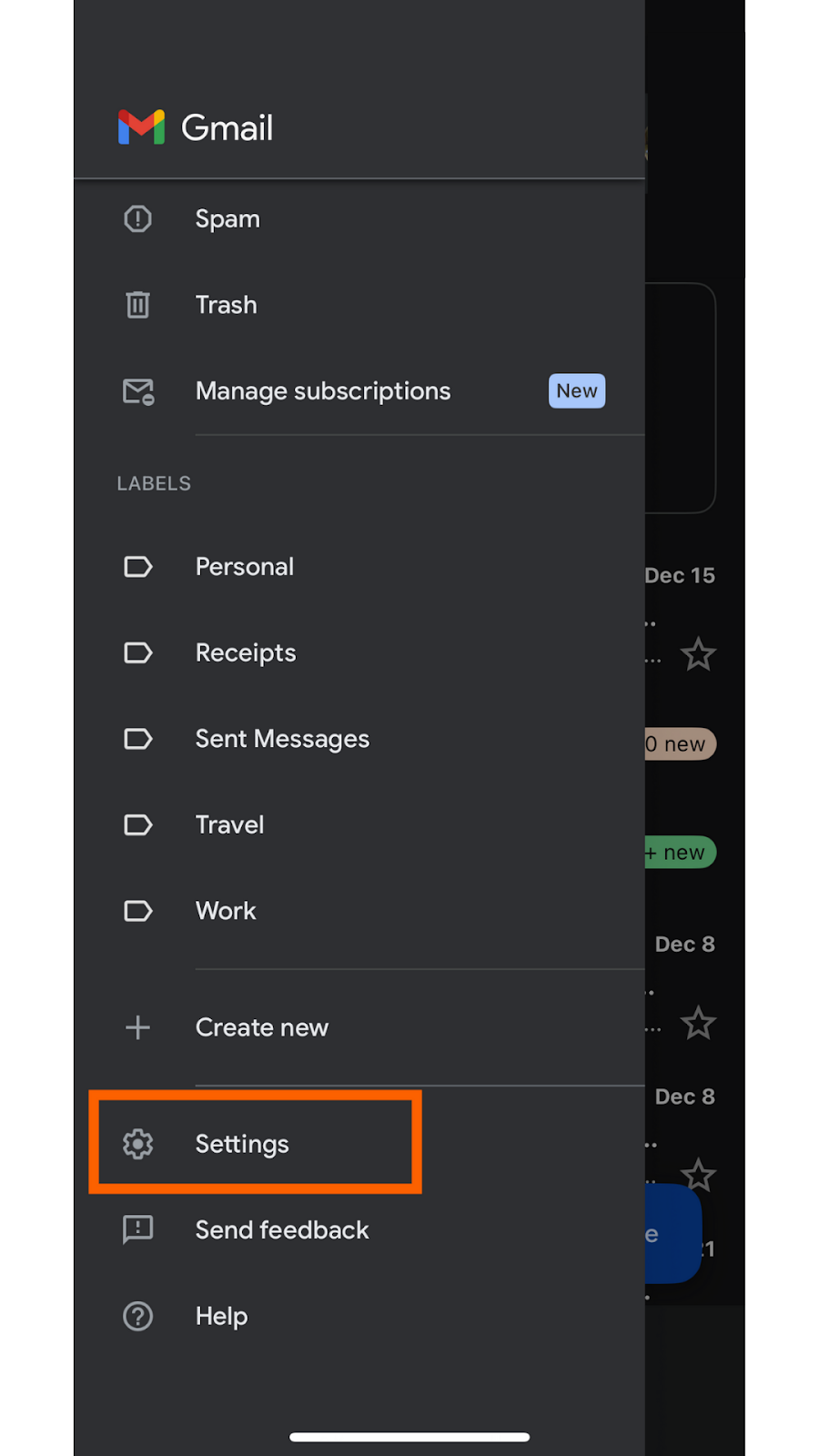 Gmail mobile app side navigation menu open, showing options like Spam, Trash, Manage subscriptions, labels, and the Settings option highlighted with an orange box near the bottom