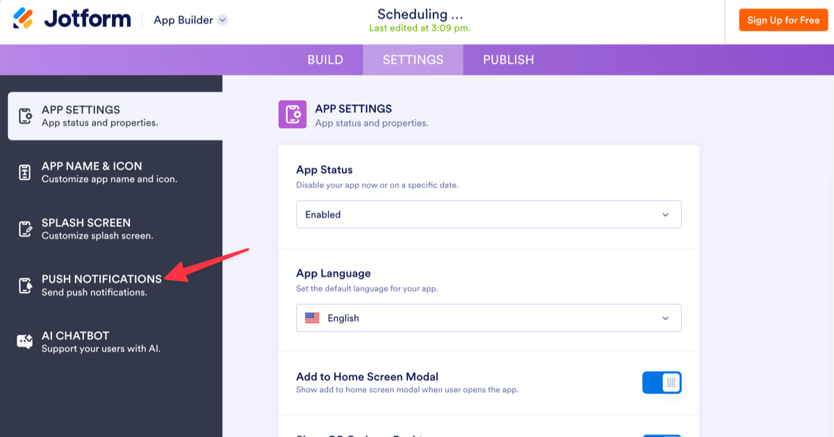 Settings page with the left sidebar visible, a red arrow pointing to Push Notifications in the menu